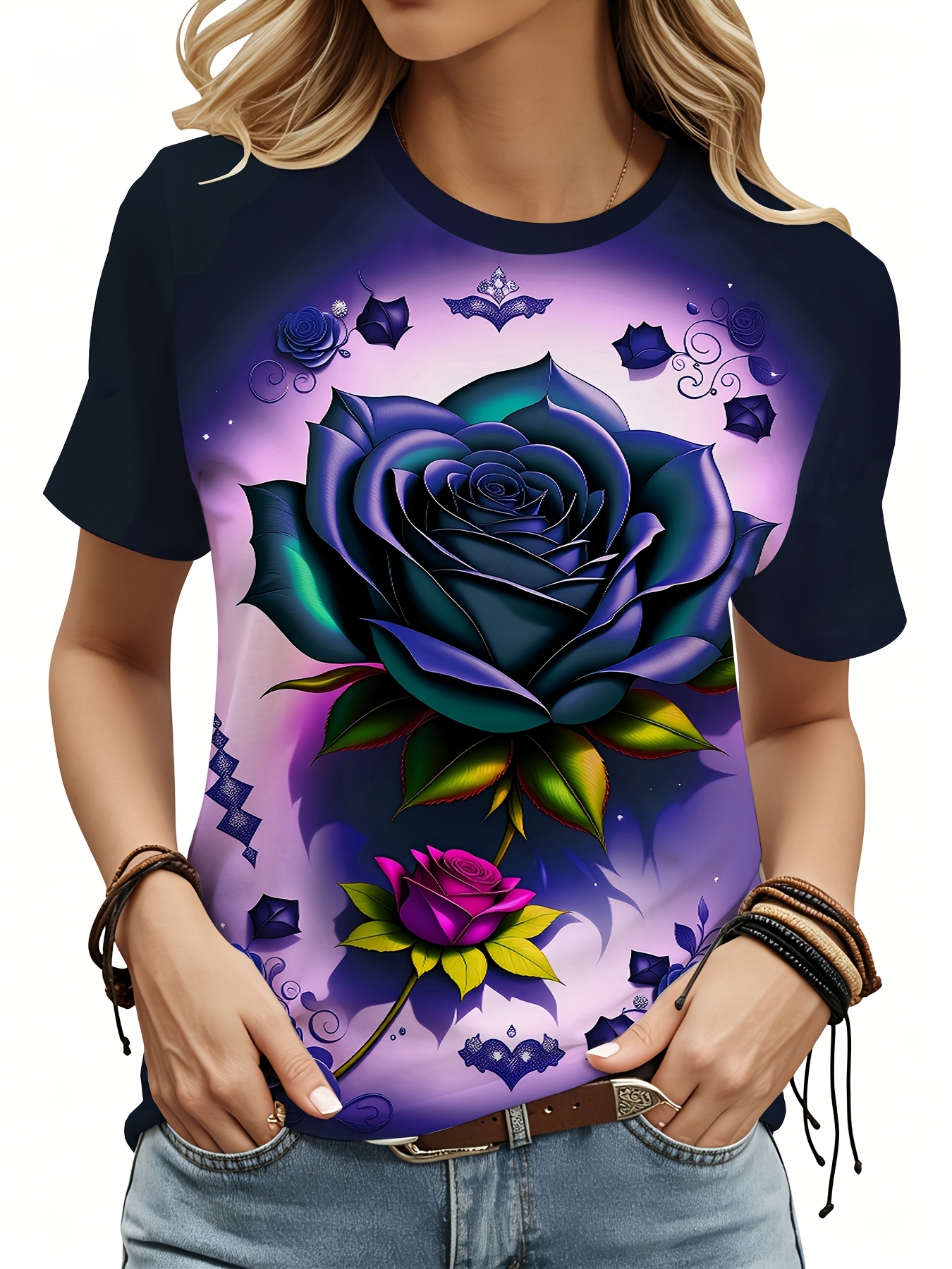 t shirt tendance à motif de roses violet foncé, haut décontracté et élégant à manches courtes pour femmes, t shirt imprimé à motif floral super mignon, haut de style avant gardiste t shirt tendance à motif de roses violet foncé, haut décontracté et élégant à manches courtes pour femmes, t shirt imprimé à motif floral super mignon, haut de style avant gardiste
