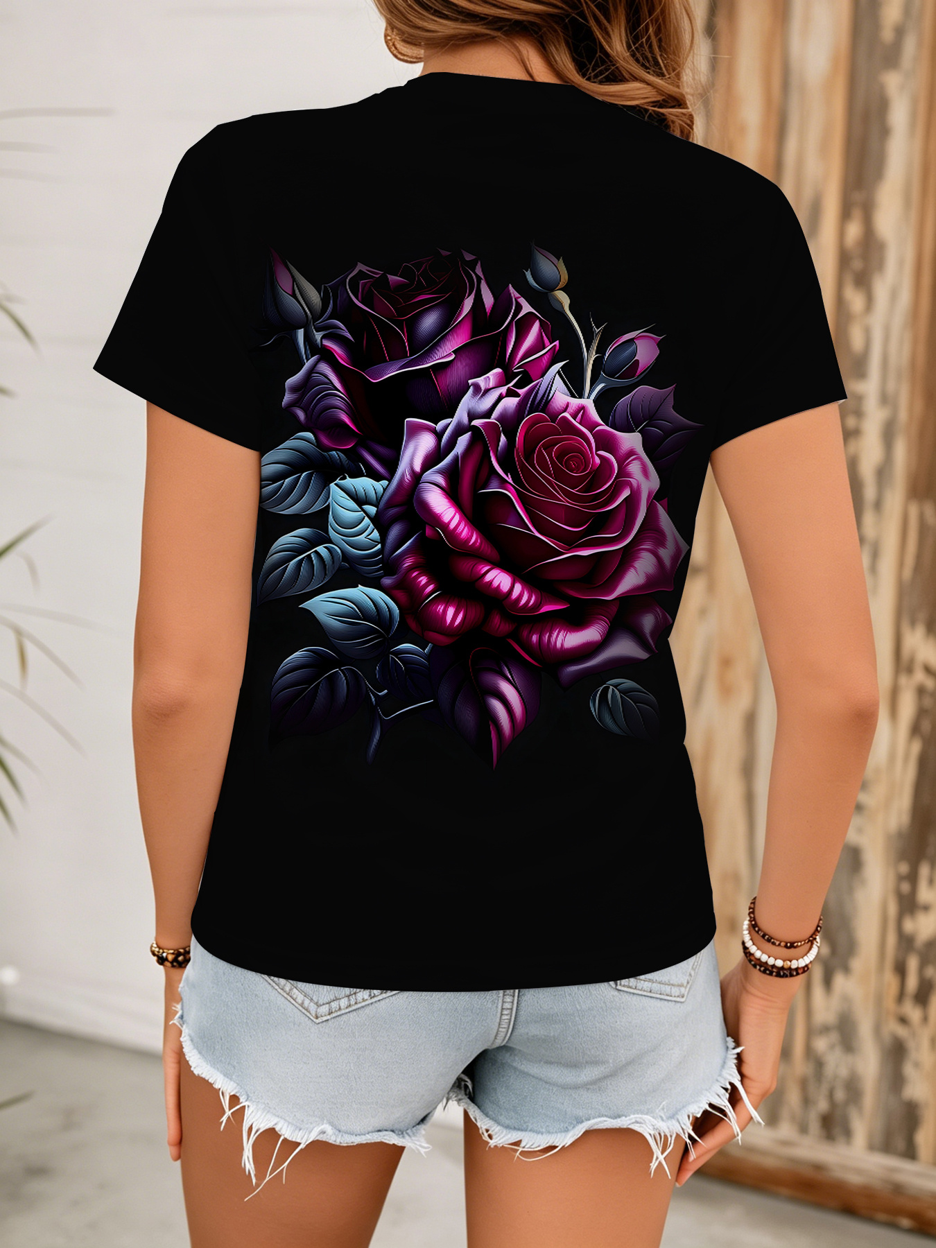 t shirt tendance à motif de roses violet foncé, haut décontracté et élégant à manches courtes pour femmes, t shirt imprimé à motif floral super mignon, haut de style avant gardiste t shirt tendance à motif de roses violet foncé, haut décontracté et élégant à manches courtes pour femmes, t shirt imprimé à motif floral super mignon, haut de style avant gardiste