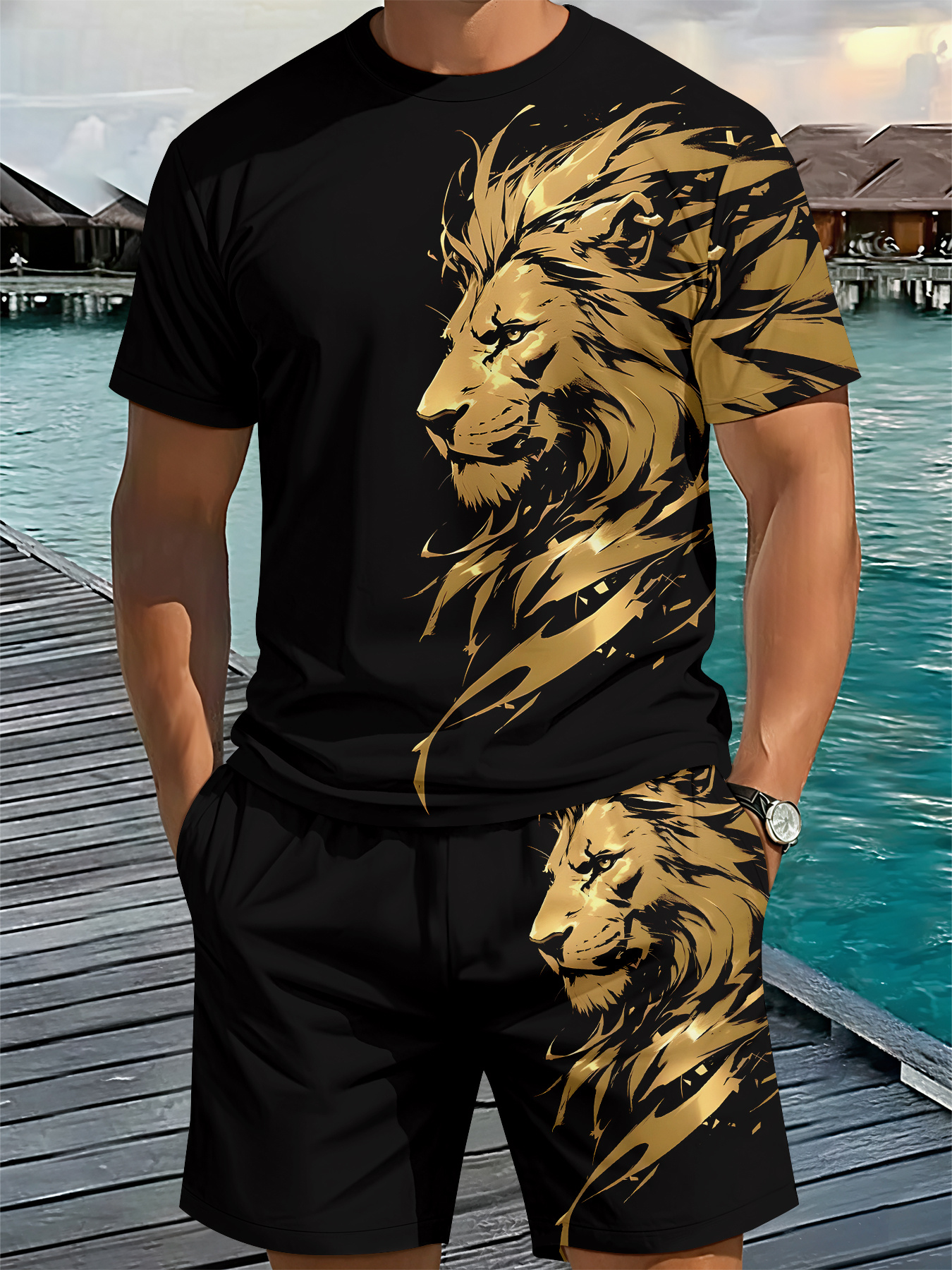 ensemble homme à manches courtes et col rond avec impression numérique 3d, motif lion noir et doré lot de 2 pièces, idéal pour afficher l'aura et le goût dominant des hommes, essentiel pour les hommes tendance en Été ensemble homme à manches courtes et col rond avec impression numérique 3d, motif lion noir et doré lot de 2 pièces, idéal pour afficher l'aura et le goût dominant des hommes, essentiel pour les hommes tendance en Été