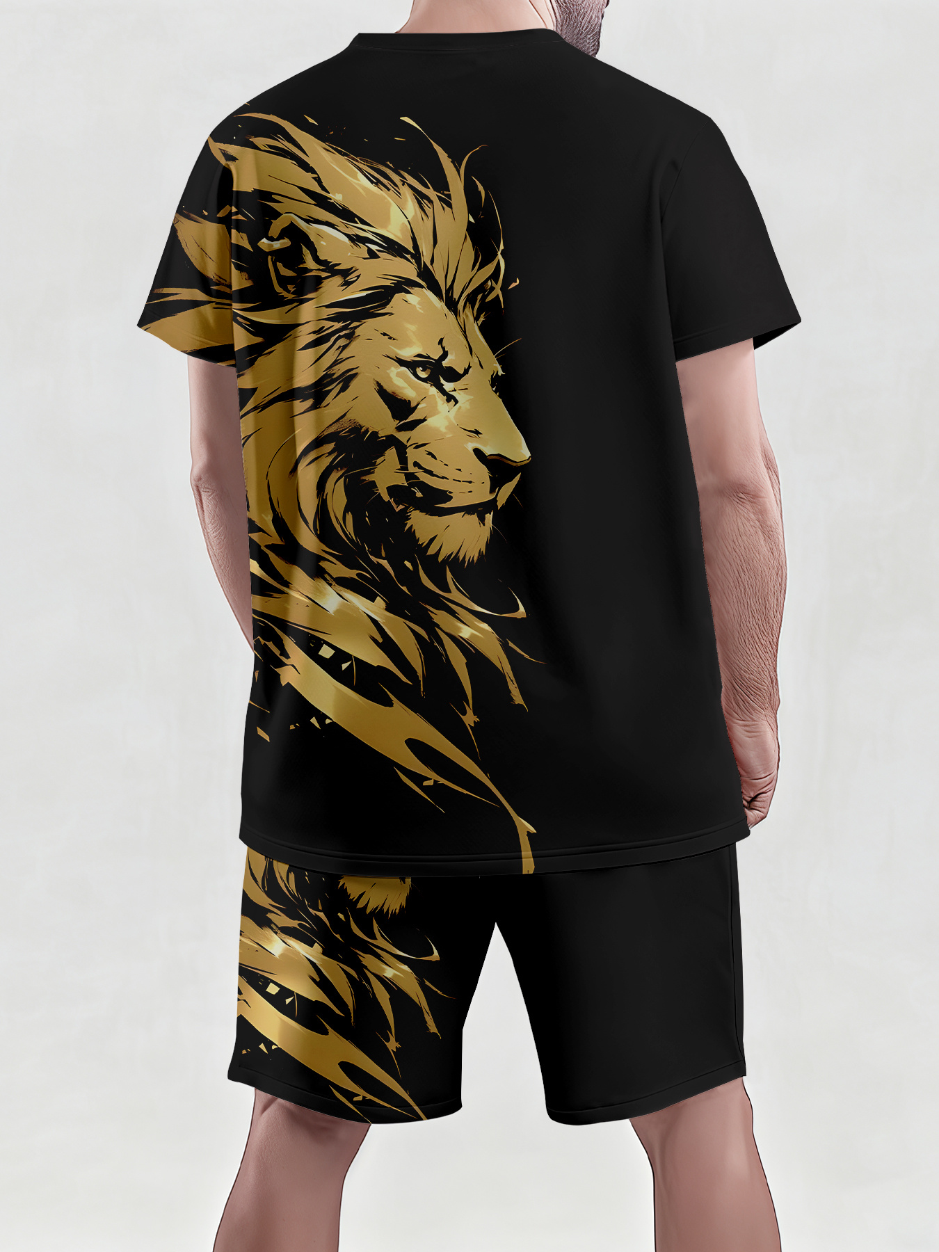 ensemble homme à manches courtes et col rond avec impression numérique 3d, motif lion noir et doré lot de 2 pièces, idéal pour afficher l'aura et le goût dominant des hommes, essentiel pour les hommes tendance en Été ensemble homme à manches courtes et col rond avec impression numérique 3d, motif lion noir et doré lot de 2 pièces, idéal pour afficher l'aura et le goût dominant des hommes, essentiel pour les hommes tendance en Été
