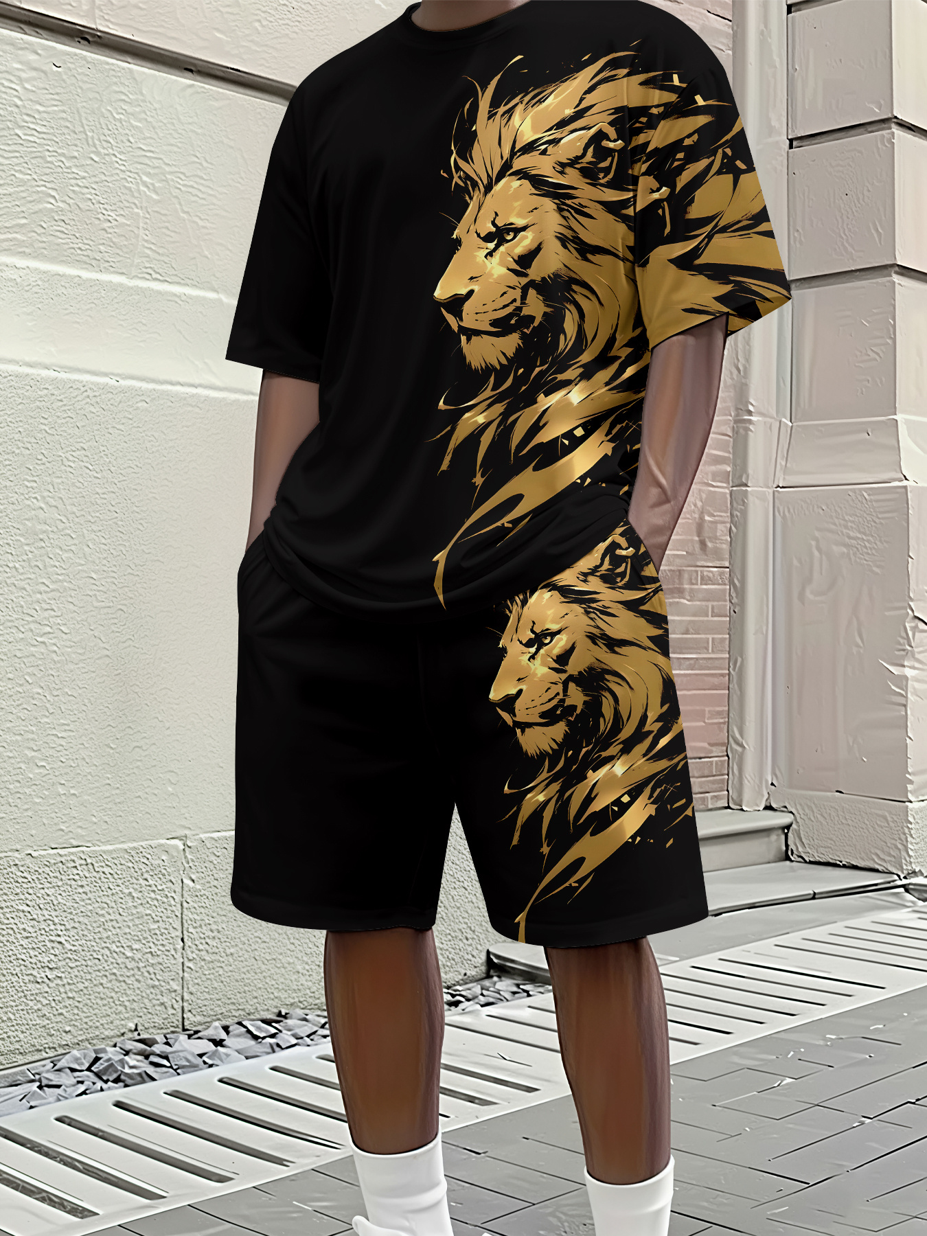 ensemble homme à manches courtes et col rond avec impression numérique 3d, motif lion noir et doré lot de 2 pièces, idéal pour afficher l'aura et le goût dominant des hommes, essentiel pour les hommes tendance en Été ensemble homme à manches courtes et col rond avec impression numérique 3d, motif lion noir et doré lot de 2 pièces, idéal pour afficher l'aura et le goût dominant des hommes, essentiel pour les hommes tendance en Été