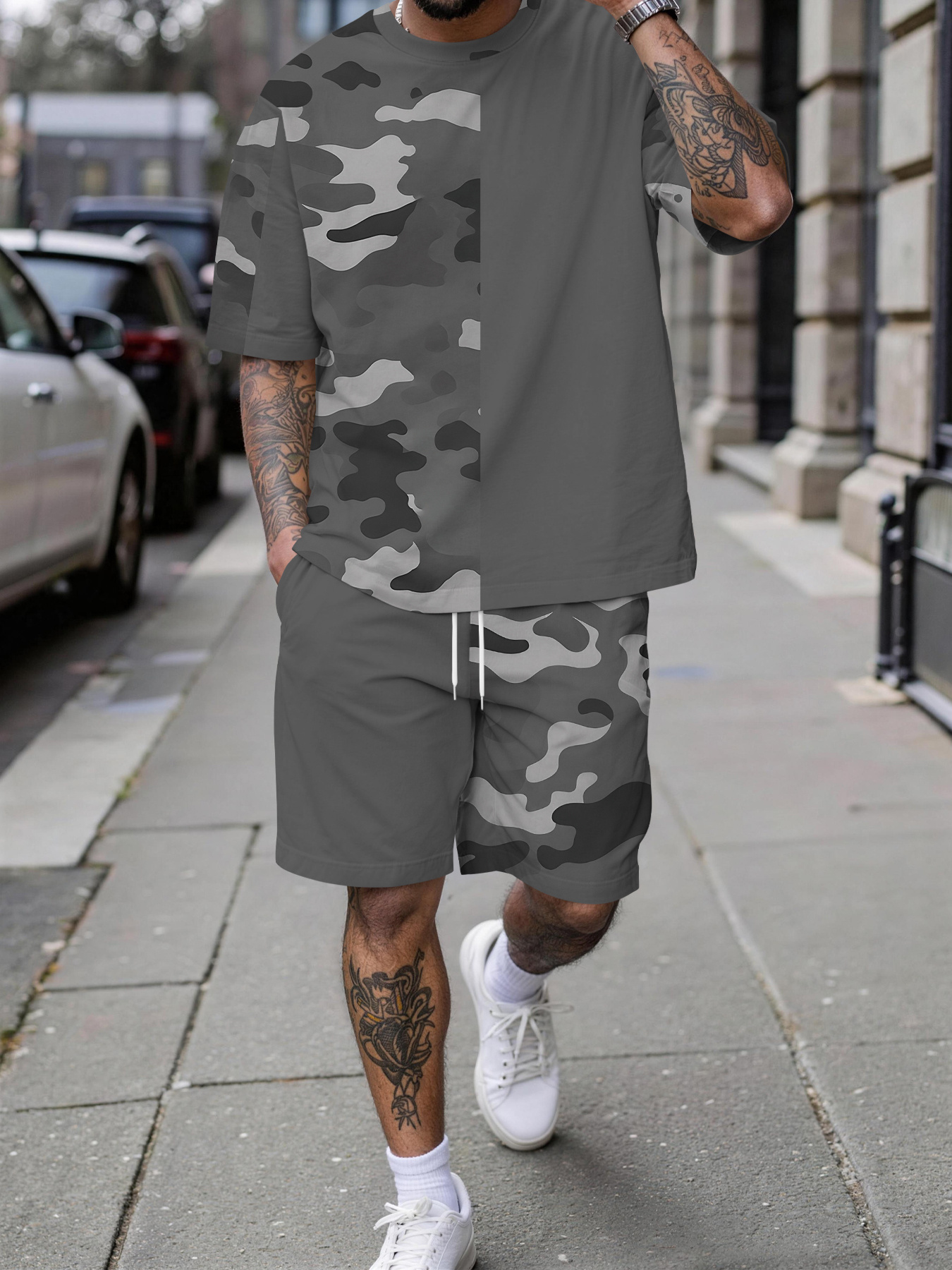 ensemble décontracté à manches courtes pour homme pour le printemps/été et les vacances, patchwork camouflage gris, ensemble tendance à manches courtes avec short, tenue tendance style vacances, style décontracté sportif et respirant, le cadeau de vacances parfait pour homme ensemble décontracté à manches courtes pour homme pour le printemps/été et les vacances, patchwork camouflage gris, ensemble tendance à manches courtes avec short, tenue tendance style vacances, style décontracté sportif et respirant, le cadeau de vacances parfait pour homme