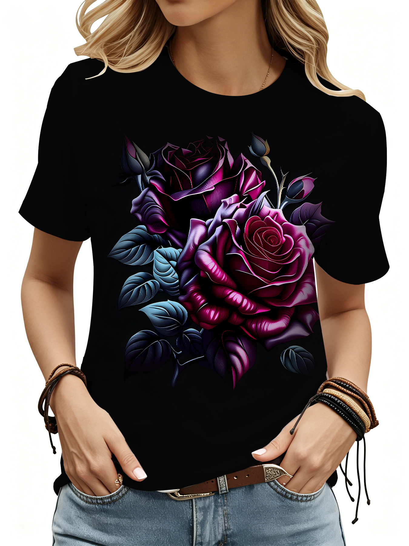 t shirt tendance à motif de roses violet foncé, haut décontracté et élégant à manches courtes pour femmes, t shirt imprimé à motif floral super mignon, haut de style avant gardiste t shirt tendance à motif de roses violet foncé, haut décontracté et élégant à manches courtes pour femmes, t shirt imprimé à motif floral super mignon, haut de style avant gardiste