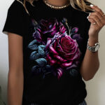 T-shirt Fleuri Femme Roses Noir
