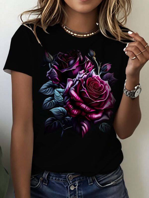 Home t shirt tendance à motif de roses violet foncé, haut décontracté et élégant à manches courtes pour femmes, t shirt imprimé à motif floral super mignon, haut de style avant gardiste