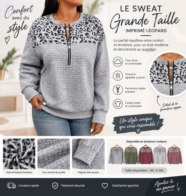 sweat à demi zippeur imprimé léopard