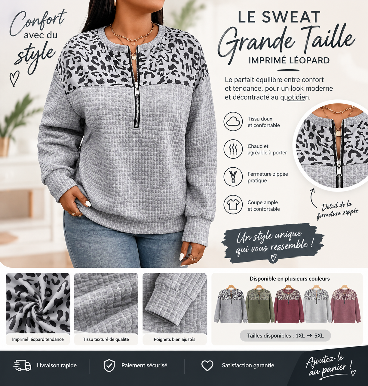 sweat à demi zippeur imprimé léopard sweat à demi zippeur imprimé léopard