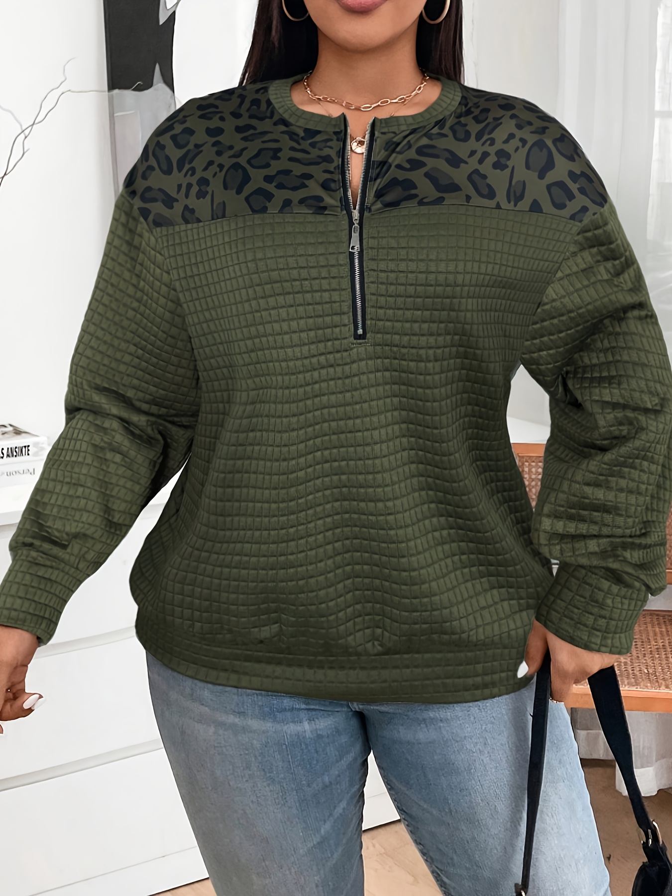 sweat à demi zippeur imprimé léopard pour femmes grande taille, style européen et américain sweat à demi zippeur imprimé léopard pour femmes grande taille, style européen et américain