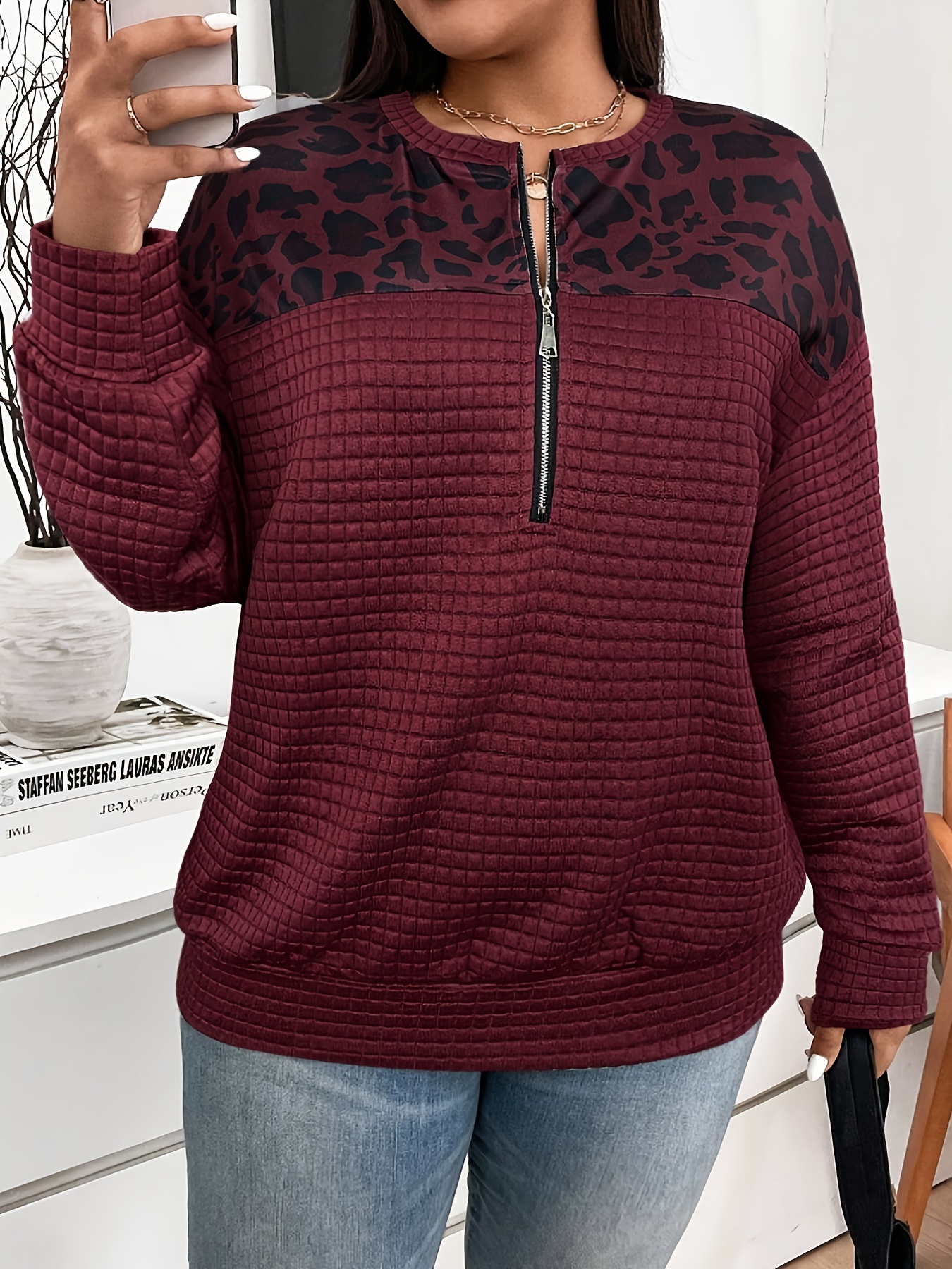 sweat à demi zippeur imprimé léopard pour femmes grande taille, style européen et américain sweat à demi zippeur imprimé léopard pour femmes grande taille, style européen et américain