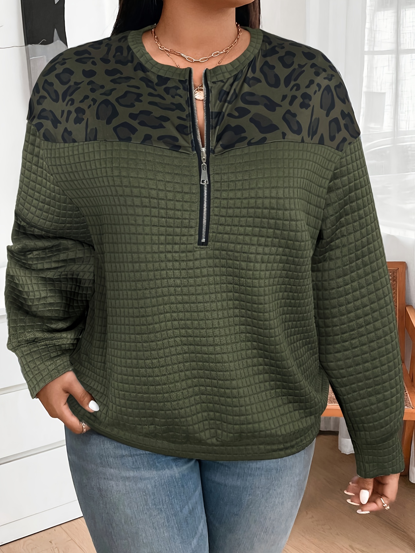 sweat à demi zippeur imprimé léopard pour femmes grande taille, style européen et américain sweat à demi zippeur imprimé léopard pour femmes grande taille, style européen et américain