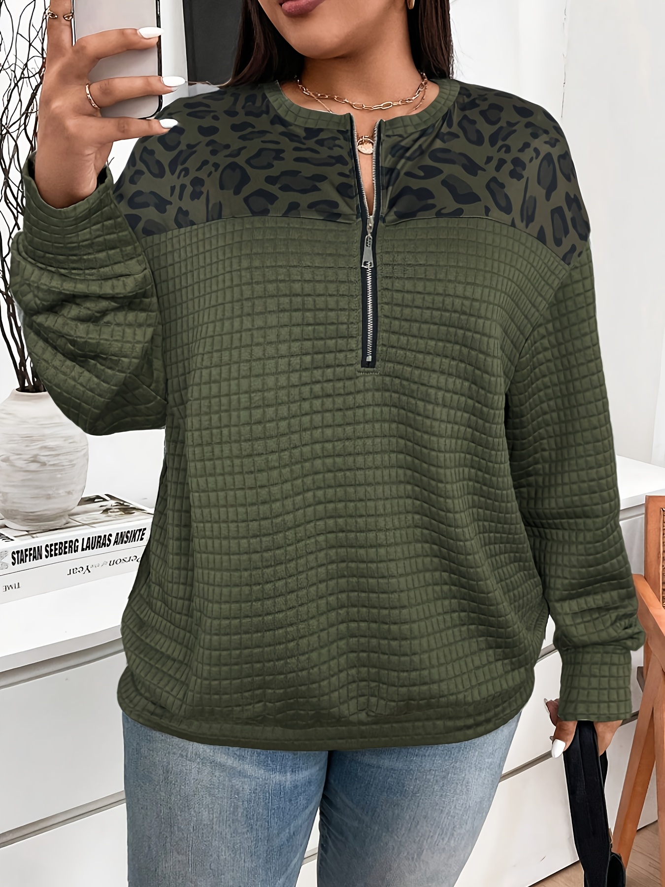 sweat à demi zippeur imprimé léopard pour femmes grande taille, style européen et américain sweat à demi zippeur imprimé léopard pour femmes grande taille, style européen et américain