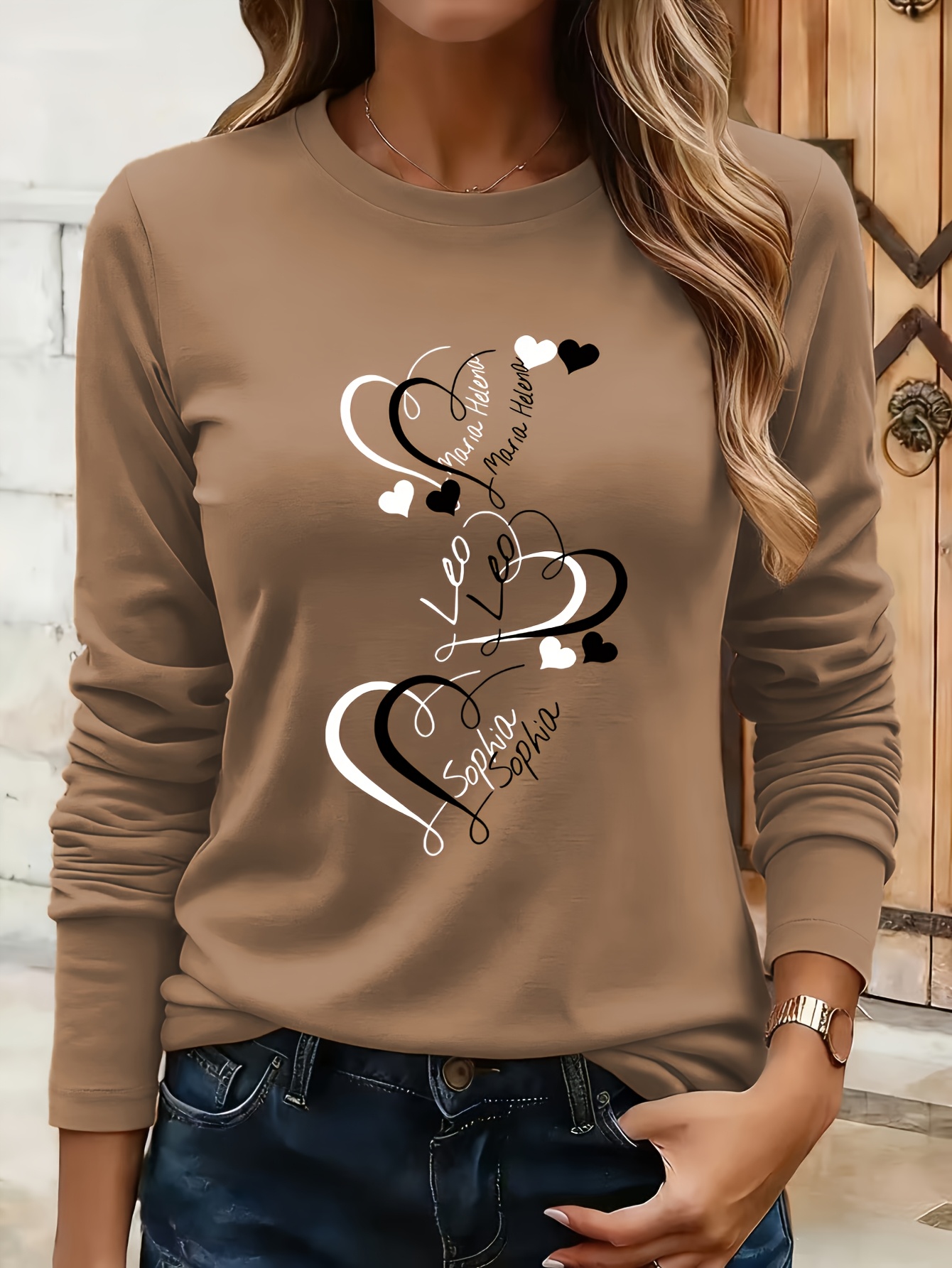haut à manches longues et col rond avec motif cœur, sweat shirt décontracté pour femme, style paresseux quotidien, idéal pour le printemps et l'automne, lavable en machine, vêtements pour femmes haut à manches longues et col rond avec motif cœur, sweat shirt décontracté pour femme, style paresseux quotidien, idéal pour le printemps et l'automne, lavable en machine, vêtements pour femmes