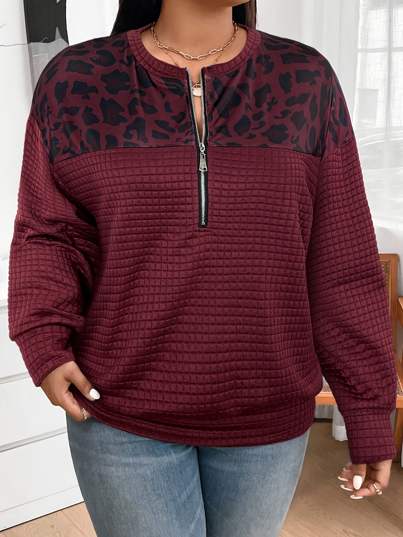 sweat à demi zippeur imprimé léopard pour femmes grande taille, style européen et américain sweat à demi zippeur imprimé léopard pour femmes grande taille, style européen et américain